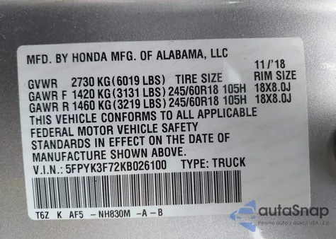 2019 Honda Ridgeline Rtl-E z USA, uszkodzony, nr VIN 5FPYK3F72KB026100